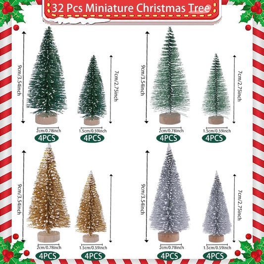 32Pcs Mini Christmas Tree Bottle Brush Trees 4 Color Miniature Artificial Christmas Trees with Wood Base Snow Frosted Sisal Trees for Winter Ornaments Xmas DIY Crafts Table Decorations
