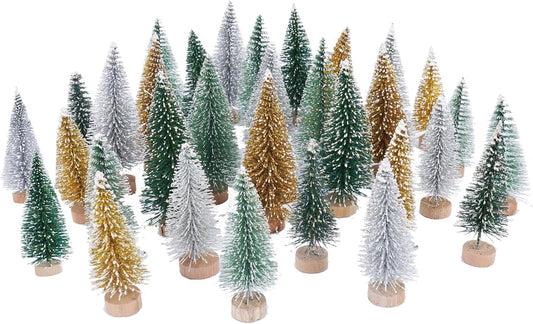 32Pcs Mini Christmas Tree Bottle Brush Trees 4 Color Miniature Artificial Christmas Trees with Wood Base Snow Frosted Sisal Trees for Winter Ornaments Xmas DIY Crafts Table Decorations